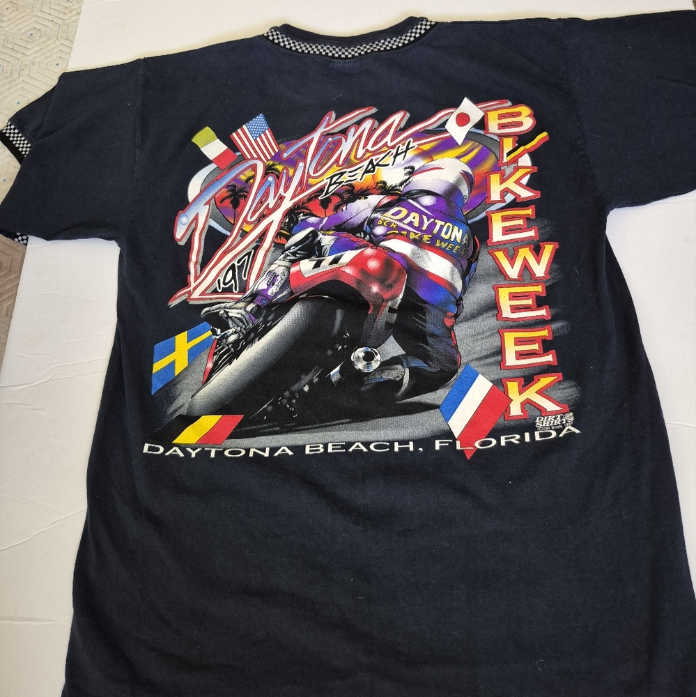 Vintage Daytona Beach Motorcycle T Shirt Bike Week Mens 1997 Checkered Sleeves M